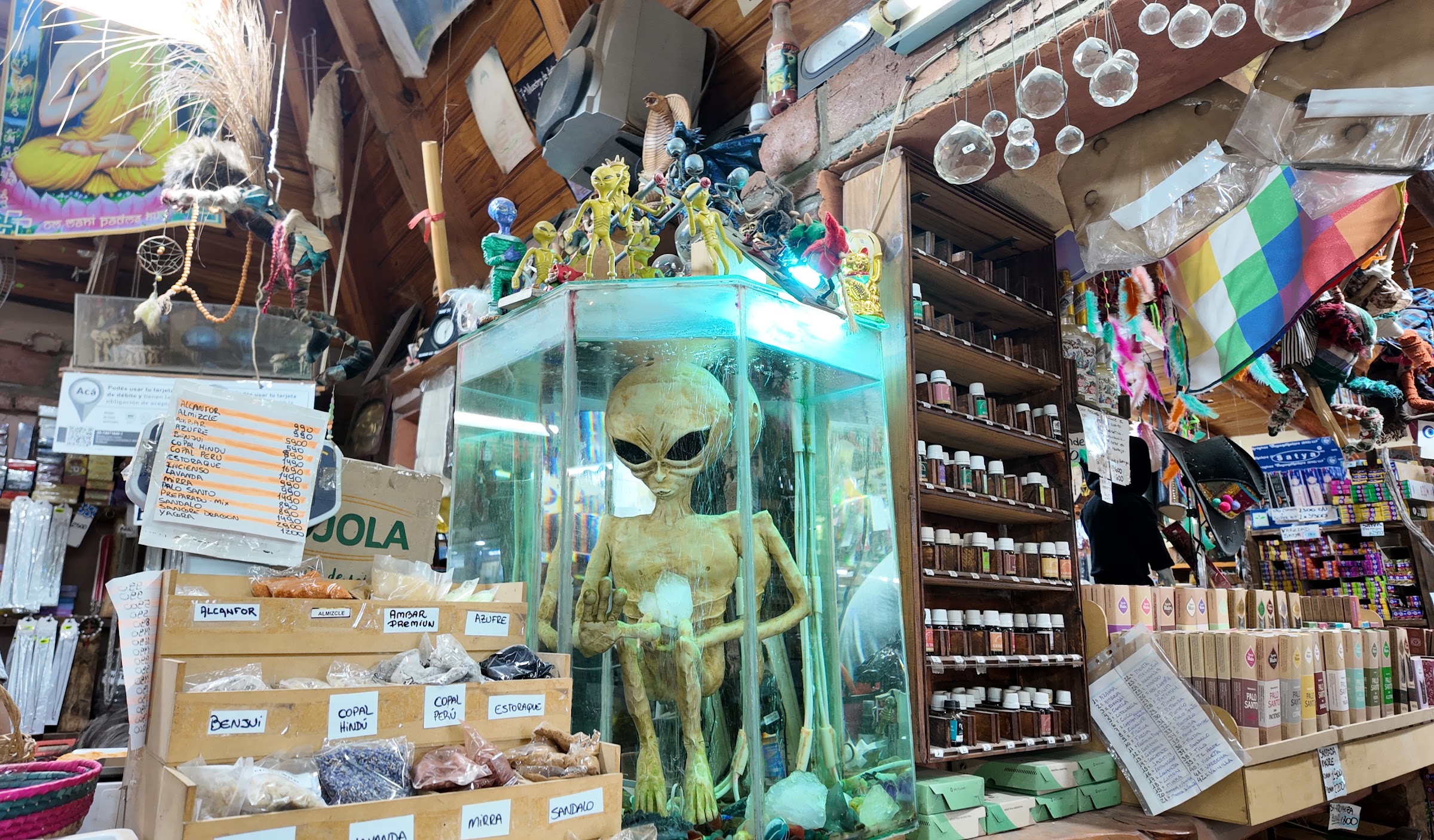 A shop in Capilla del Monte with an alien figure in a glass case